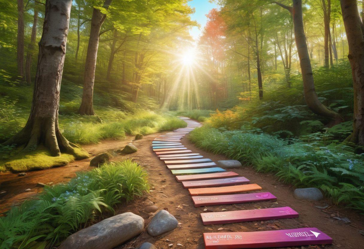 A serene path through a vibrant forest, symbolizing the journey of wellness, with various treatment options represented by colorful signposts on either side. Include an optimistic sky with soft sunlight filtering through the trees, and a gentle stream flowing in the background to evoke a sense of peace and hope. super-realistic. vibrant colors. soft focus.