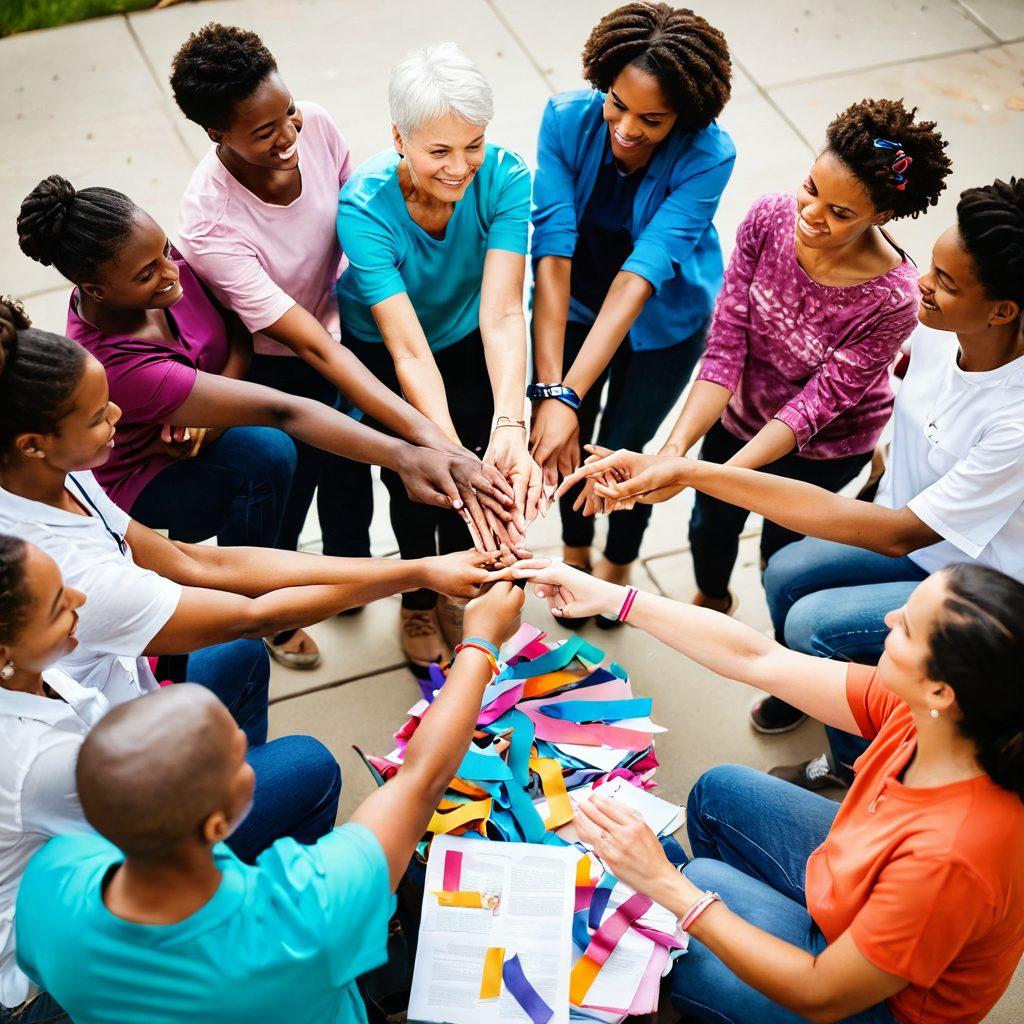 A warm and inviting community gathering scene, featuring diverse cancer survivors sharing their inspiring stories in a circle. Include elements representing hope, such as colorful ribbons, supportive gestures, and heartfelt expressions. Surround them with resources like pamphlets and books, symbolizing knowledge sharing. Capture a sense of unity and strength among the individuals. vibrant colors. soft focus. community art.