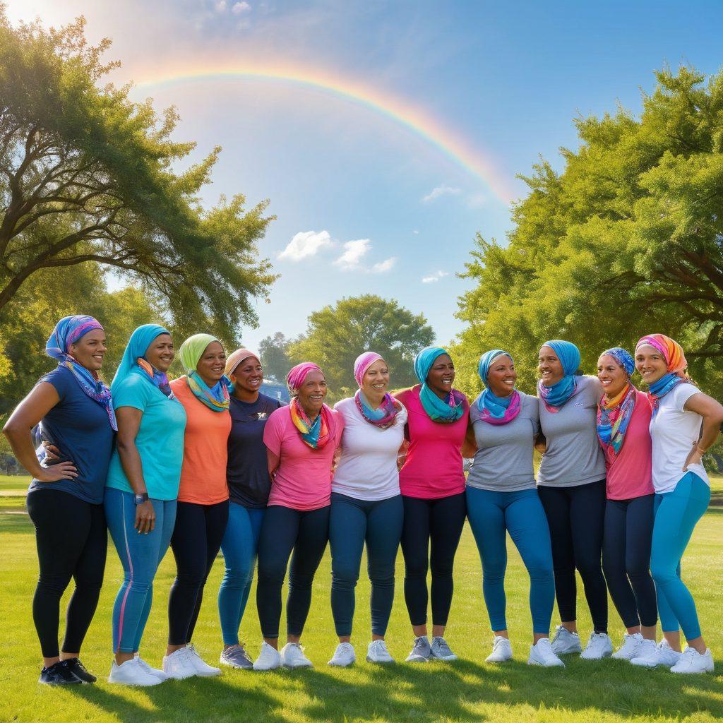 A diverse group of cancer survivors standing strong together in a warm, sunlit park, exchanging smiles and encouragement. In the background, a vibrant rainbow arcs across a clear blue sky symbolizing hope, while green trees and blooming flowers represent growth and resilience. Each individual holds a unique symbol of their journey: a headscarf, a fitness band, and a journal. super-realistic. vibrant colors. natural setting.